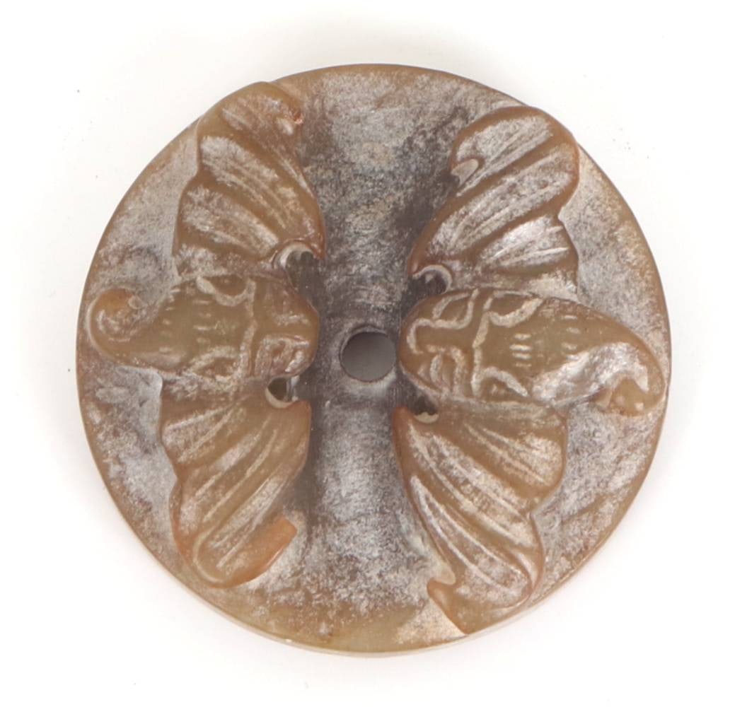 Chinese Bi-Disc with Bats: Chinese hardstone carved bi-disc with a pair of bats in high relief to the top. Drilled to the center for suspension. The stone is light green with areas of orange and brown hues. Size 1 3/4" W