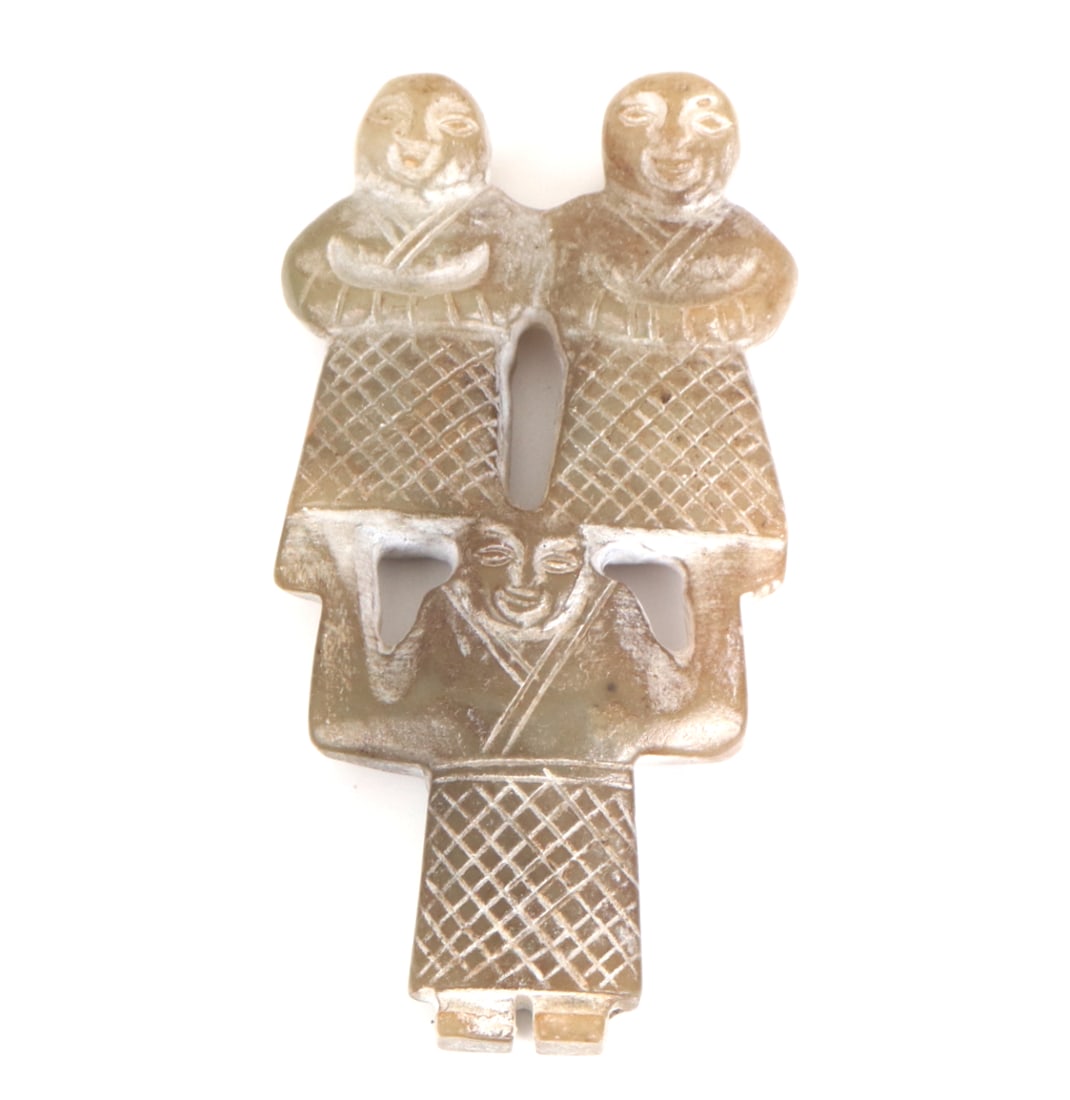 Chinese Jade style Carving of Three Acrobats: Wonderful little openwork Chinese jade style pendant of depicting three acrobats, dress in long lattice motif coats. One acrobat expertly holds two others in his raised hands above him. Size 2 3/4" H