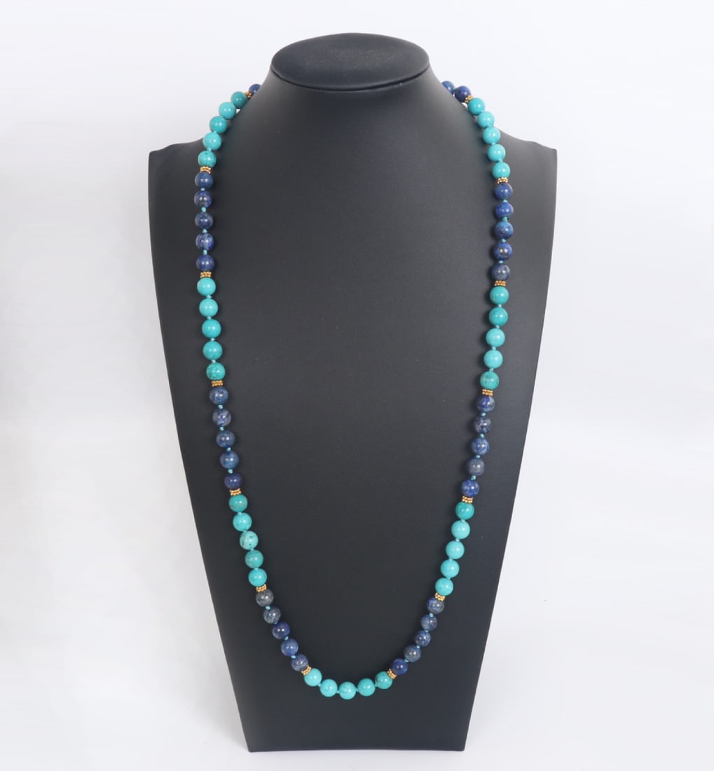 Beautiful Lapis Lazuli & Turquoise Beaded Necklace: Lovely deep blue lapis lazuli beads with natural silver and gold specks throughout wonderfully accented by bright turquoise beads with natural root marks throughout. Lightweight and each bead is polis