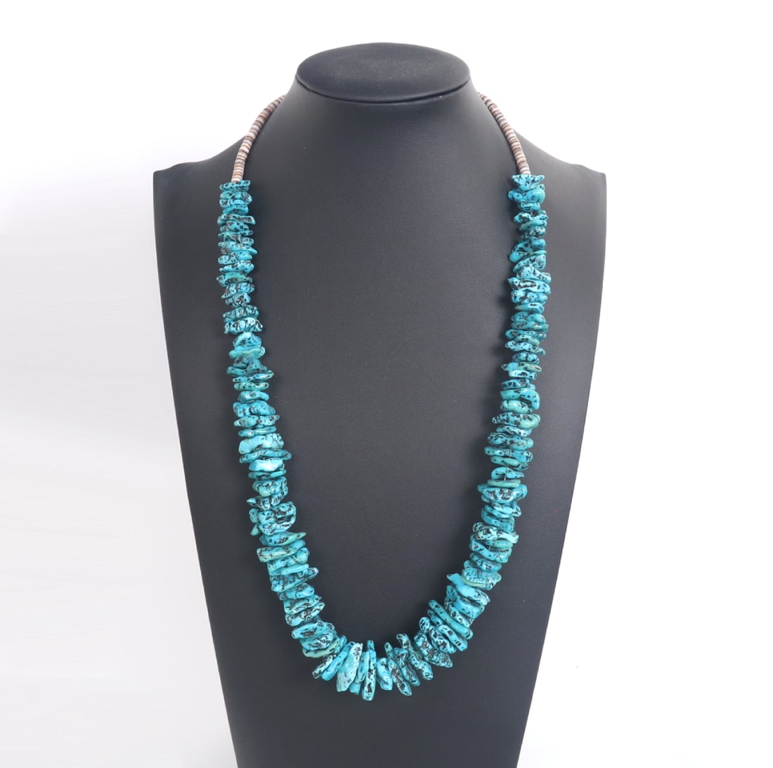 Large Chunky Turquoise & Shell Necklace: Beautiful chunky turquoise necklace with dozens of raw freeform slabs of turquoise beads and natural earth tone shell accent beads at the clasp. Each bead has natural root marks and pitting throughout