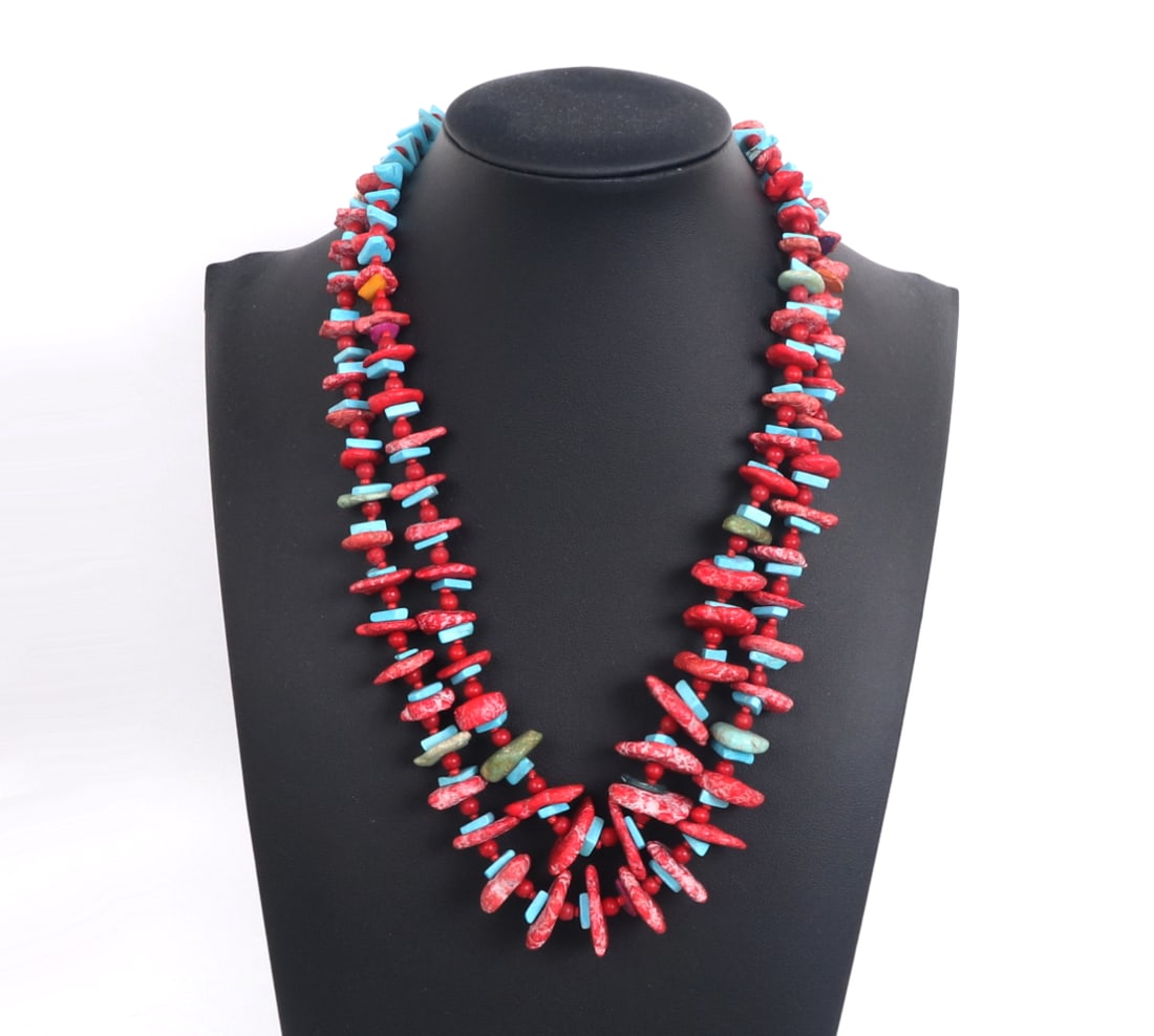 Pair of Coral & Turquoise Style Beaded Necklaces: Fun pair of turquoise and coral beaded necklaces with dozens of red and pink coral disc beads accented by turquoise style triangular shaped beads. Each strung on thread that can be adjusted or restrun