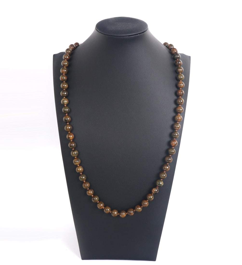 Beautiful Green, Red & Brown Marbled Agate Beads: Gorgeous unique strand of agate spherical beads with incredible natural earth tone coloring throughout. Colors range from yellow, moss green, cafe brown with natural root marks and inclusions