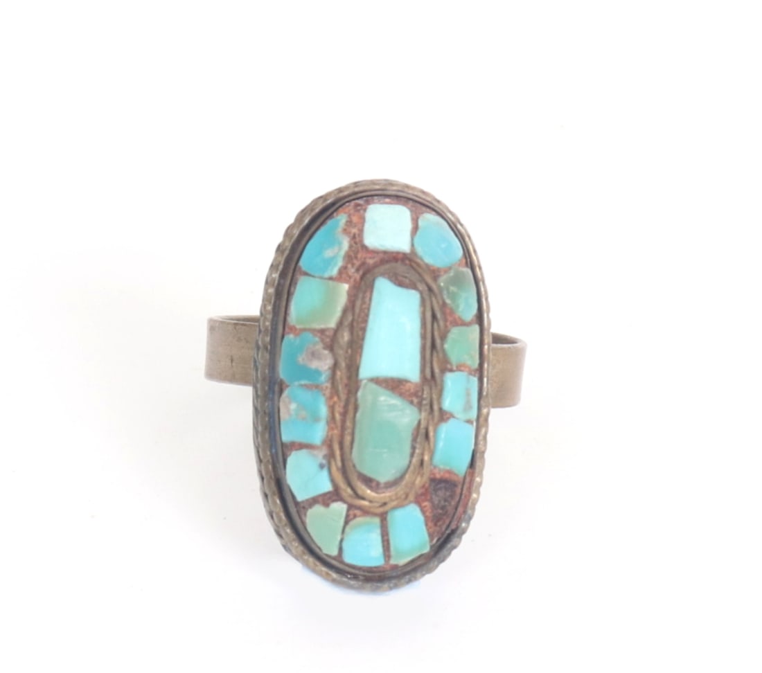 Sino-Tibetan Silver Gilt & Turquoise Inlay Ring: Circa 19th - 20th century, Sino-Tibetan inlayed ring with mosaic turquoise segments, copper rope detailing to the center and a hammered scallop rim around the edge. US size 9.5, face 1" L