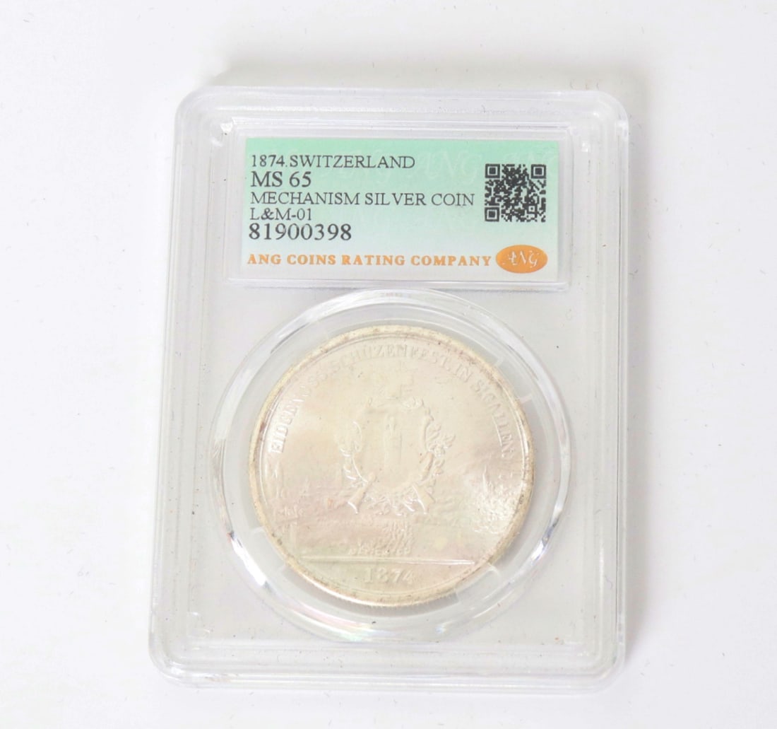 Swiss Commemorative Style Coin, 1874: Cased 1874 Swiss style coin with a warrior in full suit armor with a sword in hand to one side. Case 3" H x 2 1/4" W