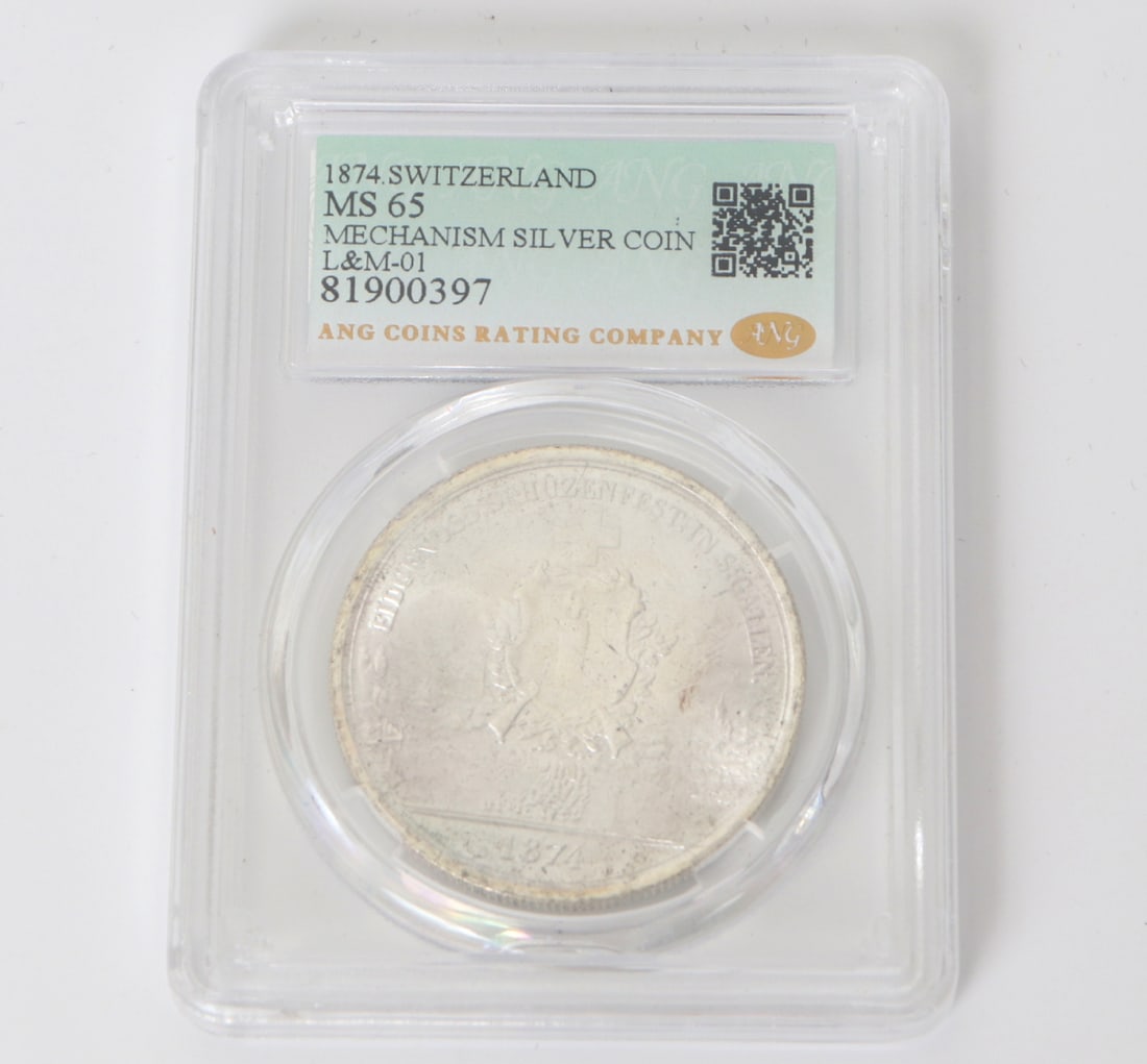 Swiss Commemorative Style Coin, 1874: Cased 1874 Swiss style coin with a warrior in full suit armor with a sword in hand to one side. Case 3" H x 2 1/4" W