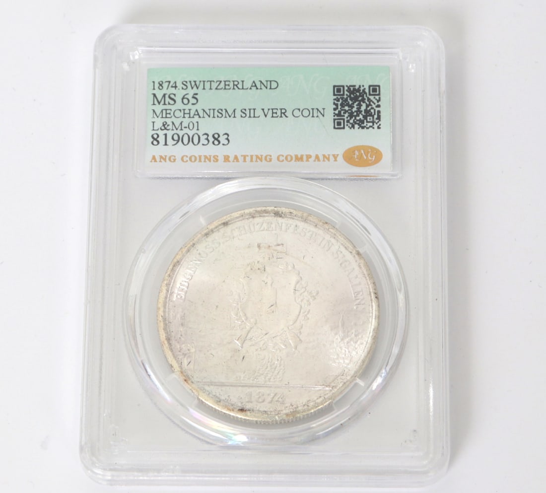 Swiss 1874 Commemorative Style Cased Coin: Cased 1874 Swiss style coin with a warrior in full suit armor with a sword in hand to one side. Case 3" H x 2 1/4" W