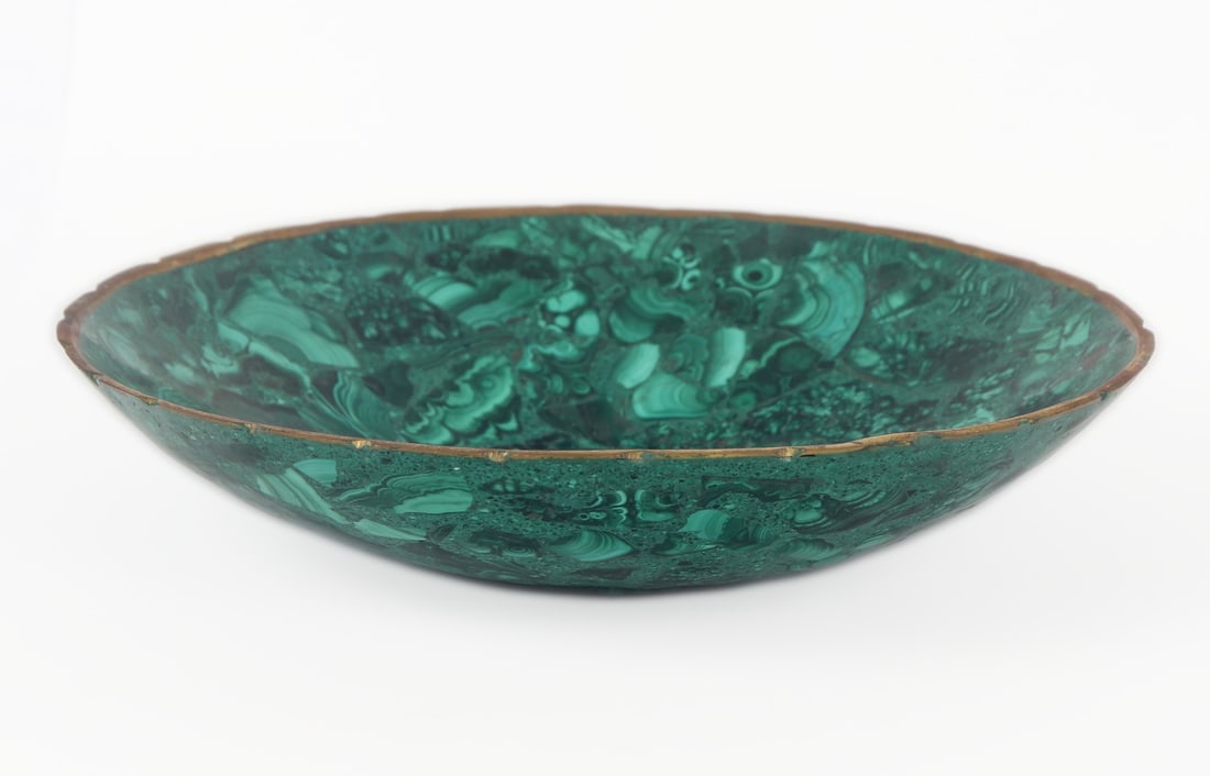 Beautiful Malachite Dish, 454 grams: All natural malachite mineral specimen perfectly shaped and polished into a lovely bowl. Gilt gold scalloped flared rim with a wide convex opening to hold keys, jewelry, or trinkets. Lovely bright