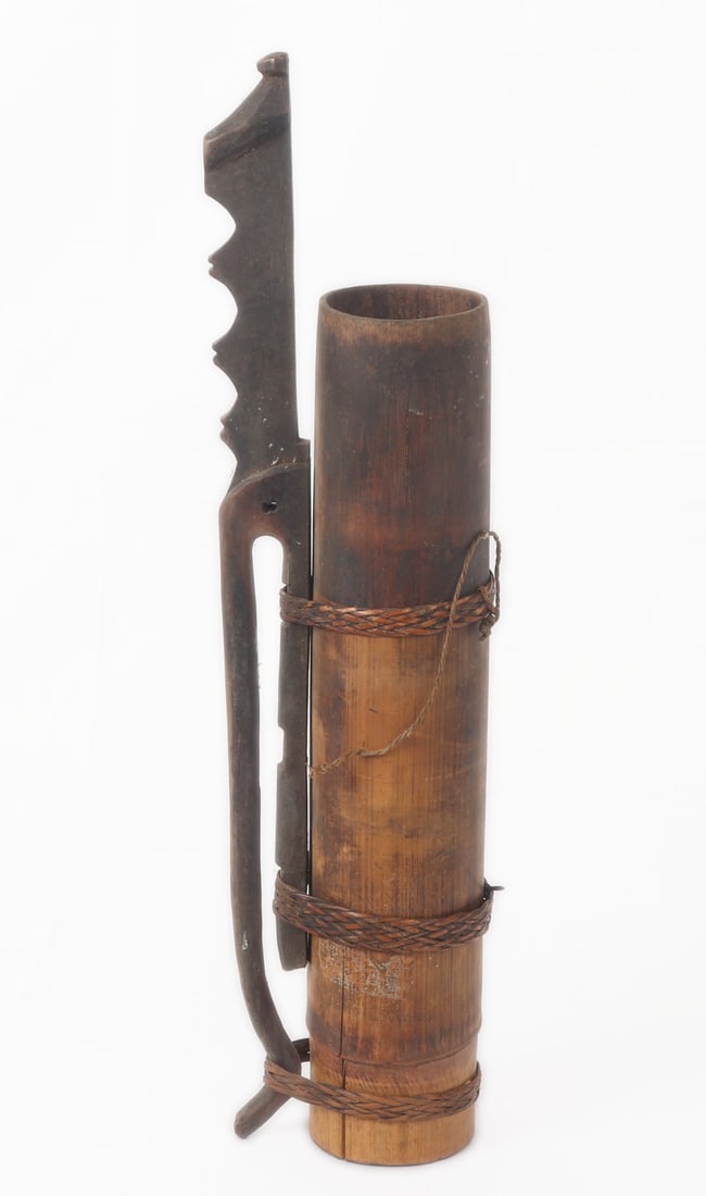 Filipino Wood & Rattan Dart Quiver: Bamboo dart quiver from the Philippines, wood carrying handle secured by three sections of braided rattan. Unique serrated style section off the back of the handle with a hole for suspending around