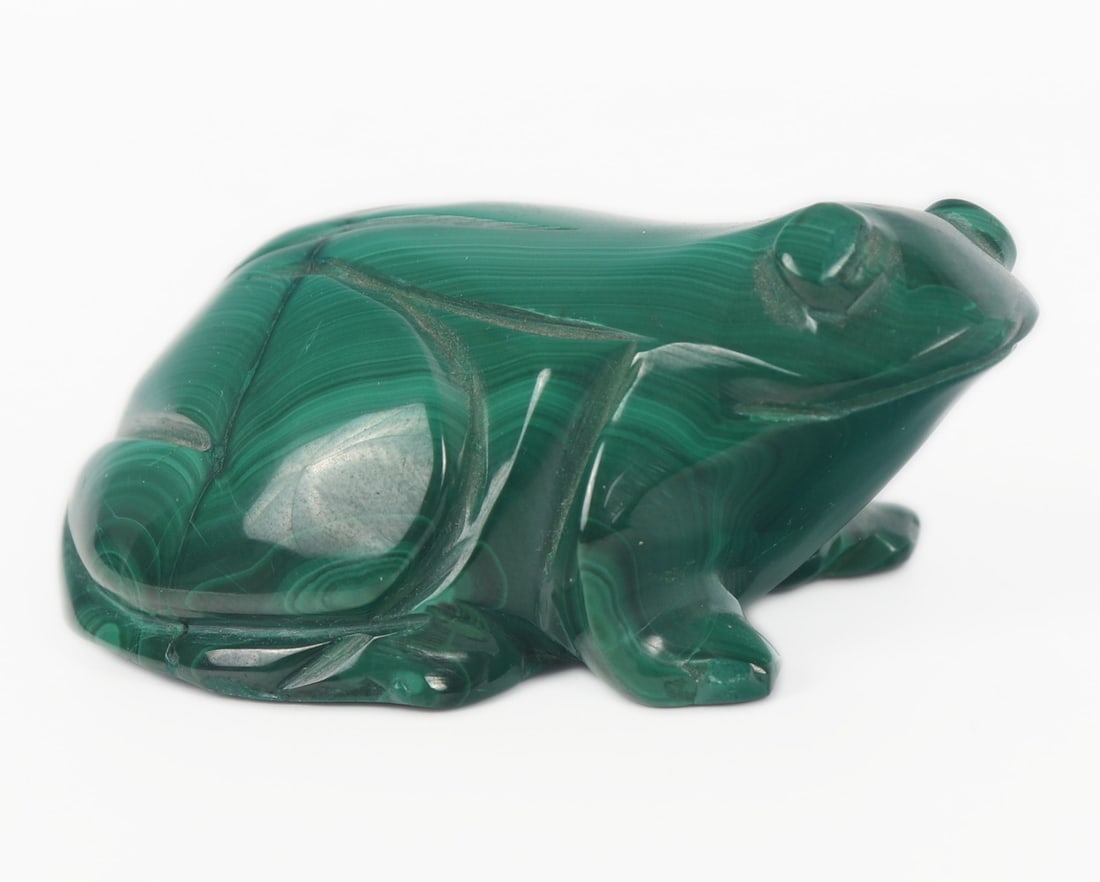 Minitaure Malachite Carved Frog Figurine, DR Congo: Cute handsomely carved malachite frog figurine with big bold protruding eyes and in a classic crouched position. Incredible dark green coloring highlighted gently by light green colors throughout. Ex.
