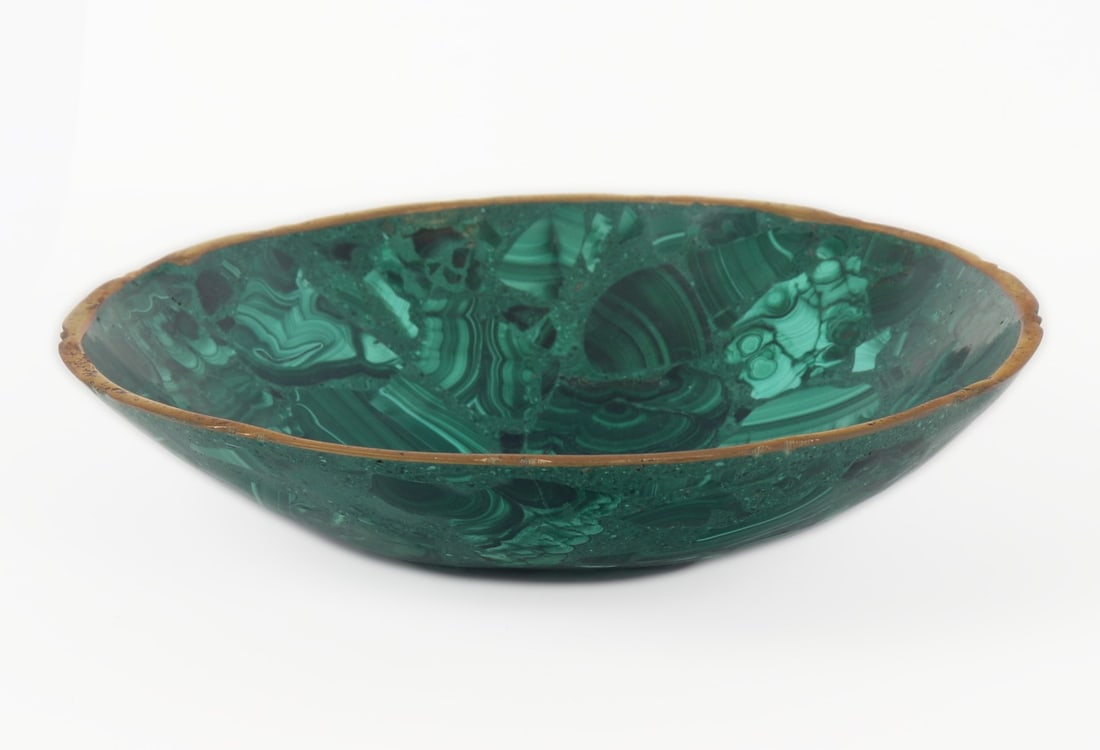 Fine Heavy Malachite Bowl, 492 grams: Fine heavy malachite mineral specimen set into a lovely side table bowl with a beautiful gilt flared rim. Beautiful dark and bright green marbling throughout with a slight pedestal foot for easy displ