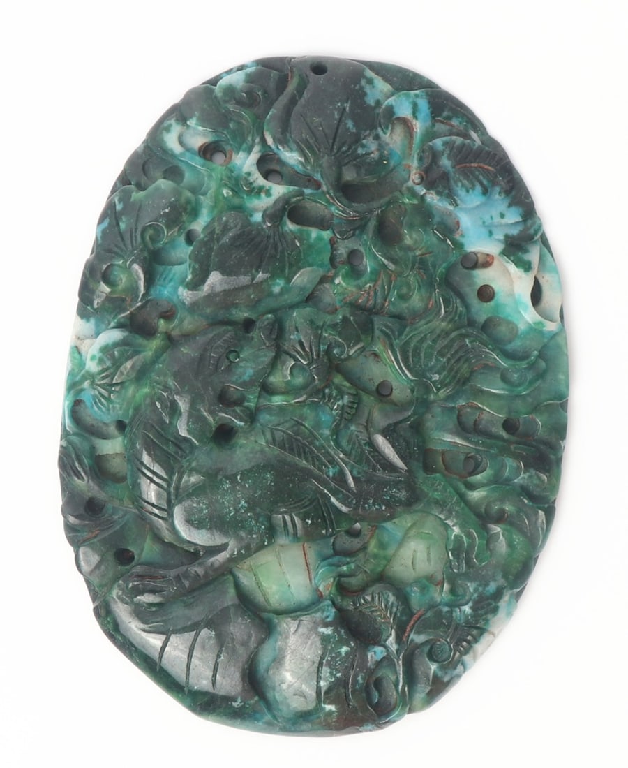 Chinese Jade Style Carved Plaque: Beautiful unique Chinese jade style carved plaque in openwork and high relief detail throughout. On the face a jaguar leaps forward among foliage. On the reverse bats among Chinese coins. Pierced to