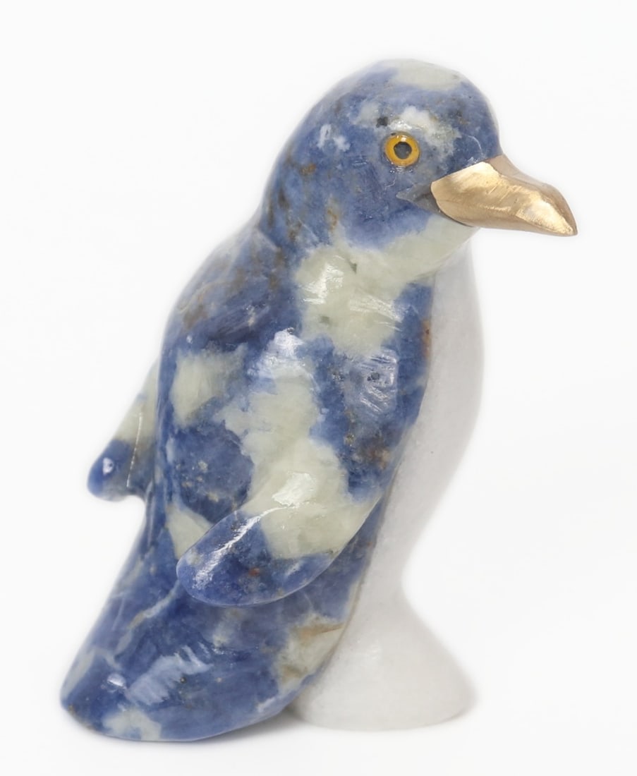 Fine Marble & Lapis Lazuli Carved Penguin, 46 grams: Gorgeous section of lapis lazuli and marble combined to create an adorable penguin figurine. The lapis lazuli has white crystal sections that glow under blue light while the white marble chest