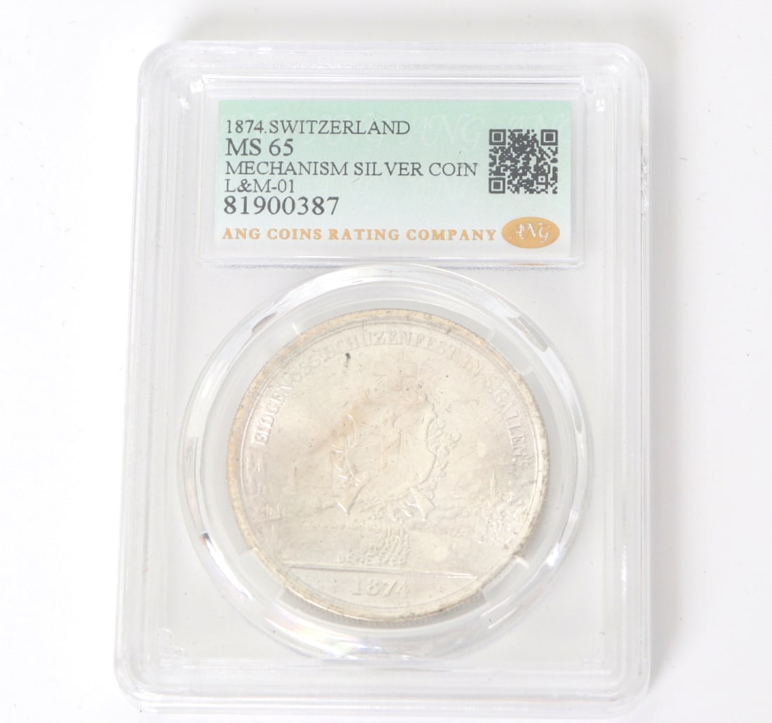 Swiss 1874 Commemorative Style Cased Coin: Cased 1874 Swiss style coin with a warrior in full suit armor with a sword in hand to one side. Case 3" H x 2 1/4" W
