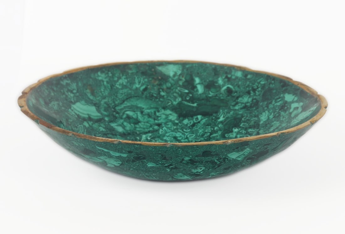 Gorgeous Malachite Bowl, 456 grams: Beautiful all natural bright and dark green bubbled bowl with a lovely gilt gold flared rim. Lovely convex shape to hold jewelry, keys, or wrapped treats. Slight circular pedestal foot for easy displa
