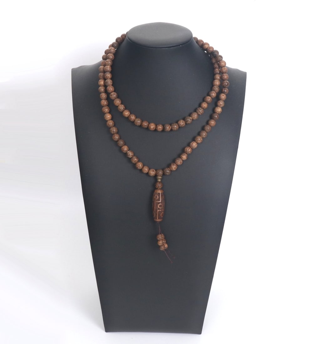 Chinese Agarwood Beaded Rosary, Dzi Carved Pendant (1 of 4)