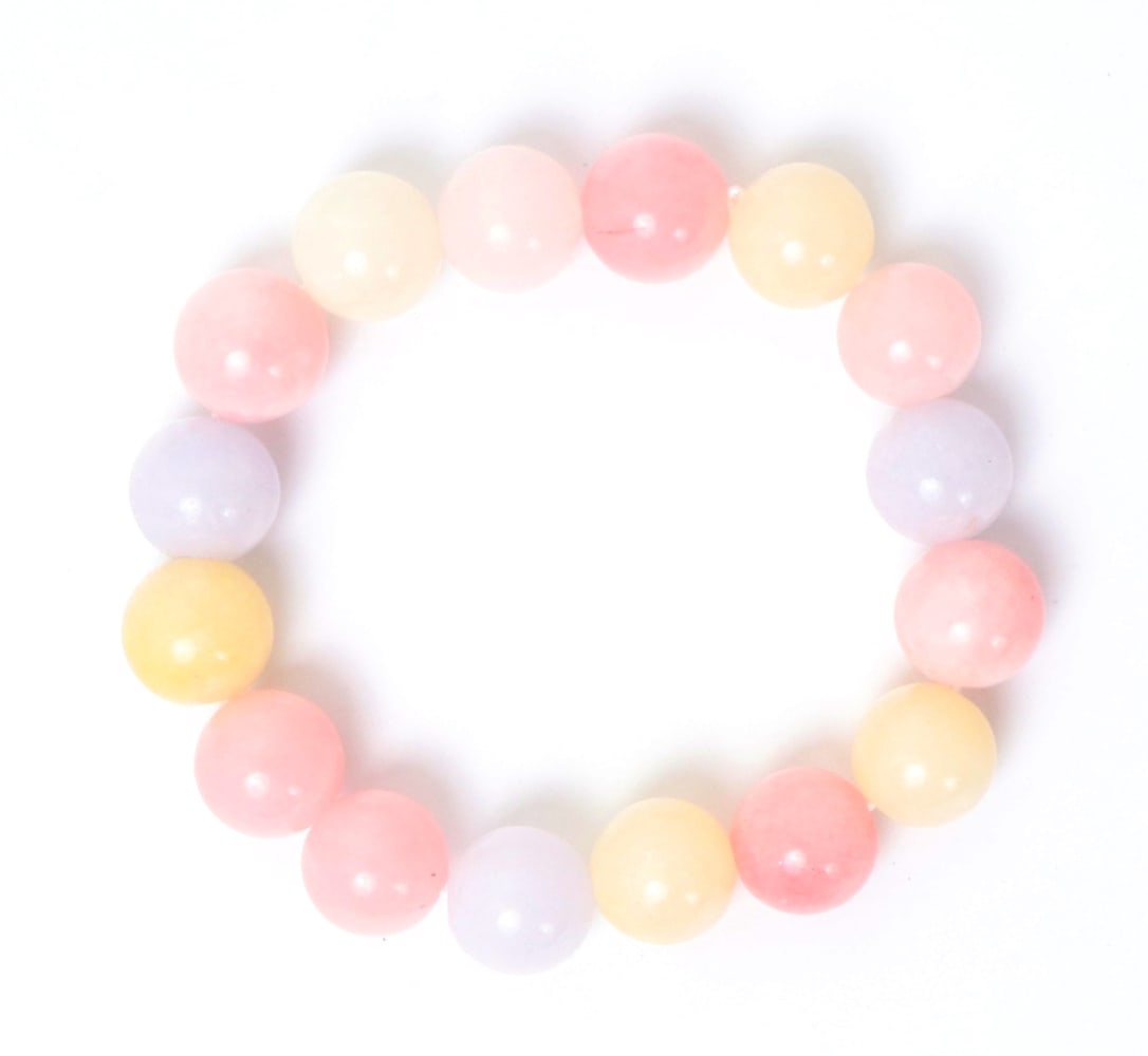 Pink, Yellow & Lavendar Tourmaline Beaded Bracelet: Lovely pastel colored tourmaline beaded bracelet. Light custard yellow, baby pink, and light purple lavender color throughout. Size: Flexible elastic band, measures 2" W when at rest.