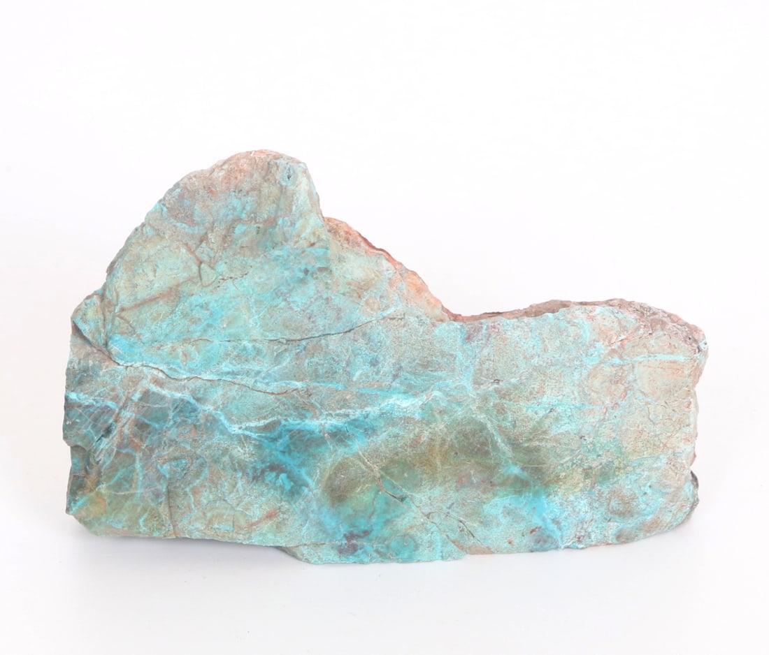 Raw Turquoise Freeform Section: Lovely light green and turquoise raw turquoise mineral section. Free form in a mountain scape look with beautiful various blue colors throughout. Smooth face with raw rough back that has pink and red