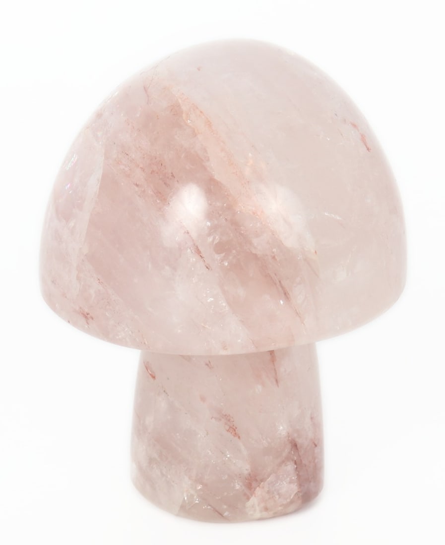Gorgeous Pink Rock Crystal Quartz Mushroom, 387 grams: Beautiful heavy pink rock crystal quartz mineral specimen in the shape of a plump mushroom with a bulbous cap. Wonderful crystal inclusions throughout with natural root and veining marks. Size 3 1/2"