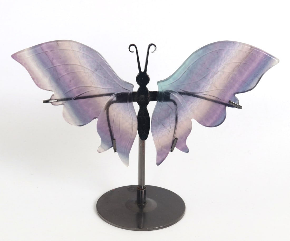 Beautiful Natural Rainbow Fluorite Butterfly: Gorgeous all natural rainbow fluorite slabs polished and shaped into butterfly wings. Displayed on a custom stand to allow for perfect sunlight and rainbows to glisten. Deep purple to light turquoise 