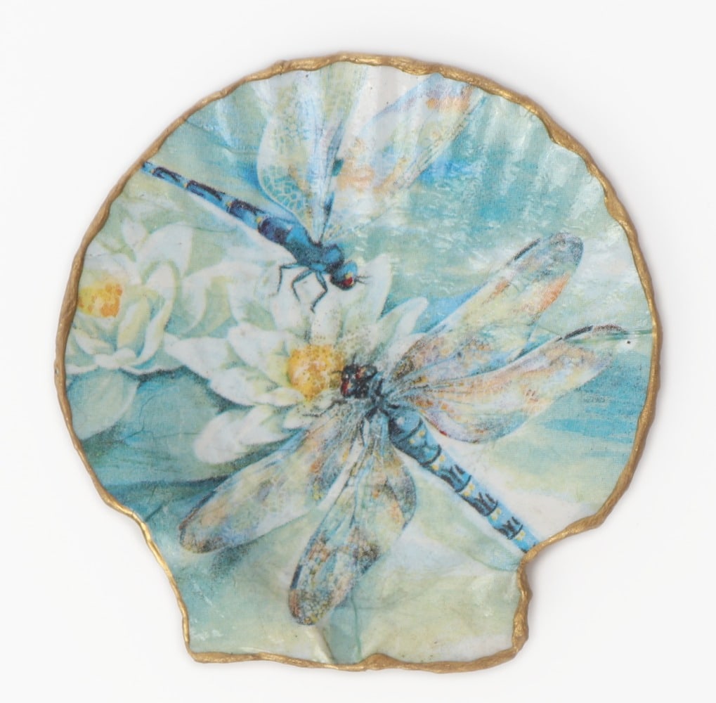 Lovely Painted Seashell, Dragonflies: Beautiful gold painted seashell with screenprinted dragonflies applied to the face from an original hand painting. Thick gold painted edge looks similar to golf leaf. Size 4" H x 4" W