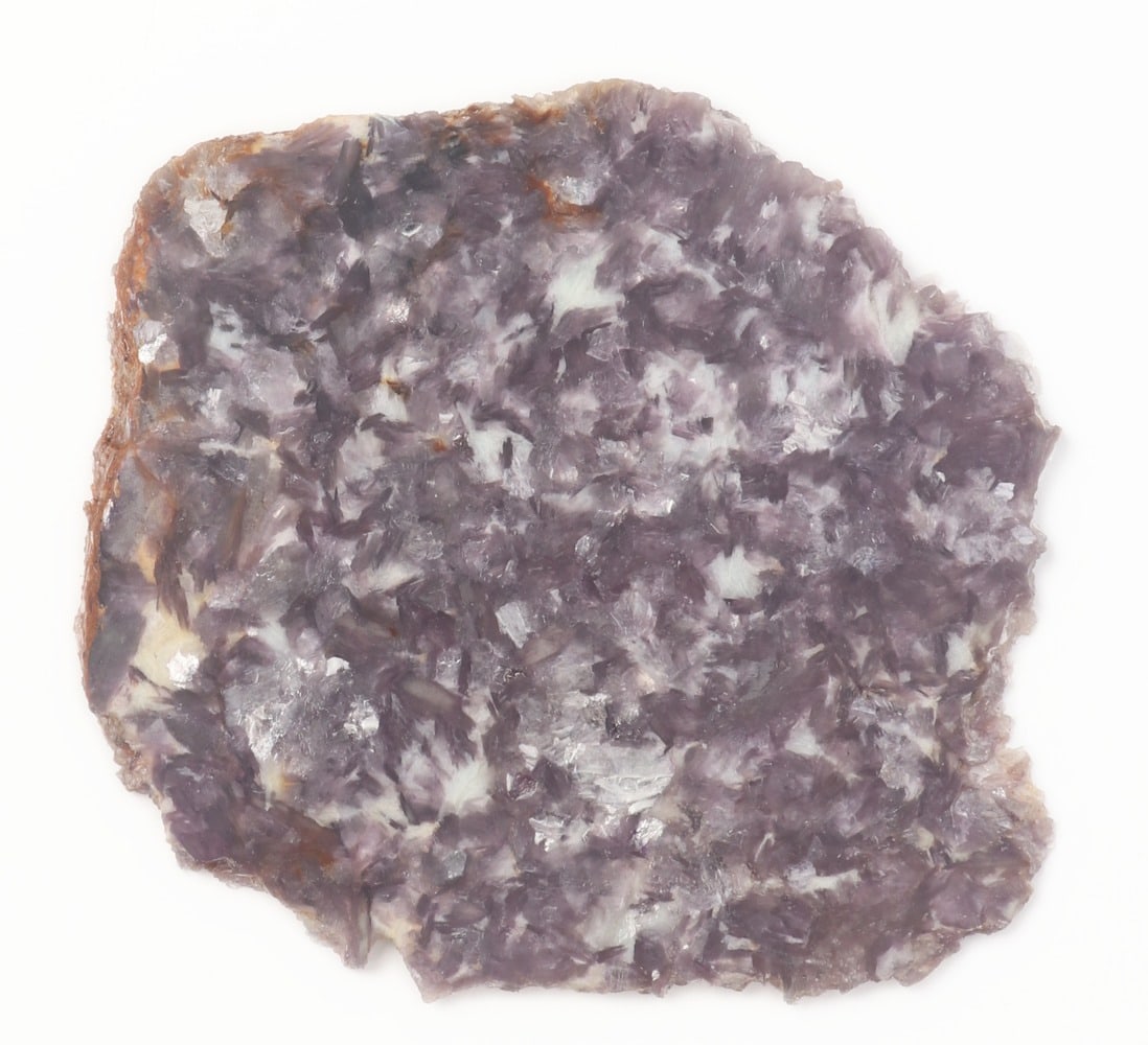 Beautiful Polished Slab of Lepidolite, 362 grams: Lovely polished slab of of purple lepidolite which is lithium rich micah featuring a rich shimmering, micaceous texture. Areas of translusceny when held to natural light, beautiful silver pieces of
