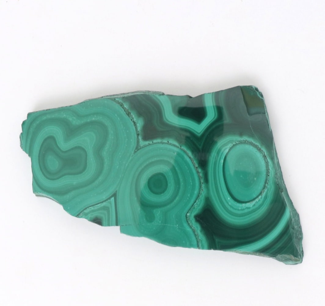 Lovely Natural Malachite Mineral Slab: Beautiful bright green and turquoise all natural malachite mineral specimen. Cut and polished into a small freeform slab with lovely ripples throughout each side. Polished to the front and back with