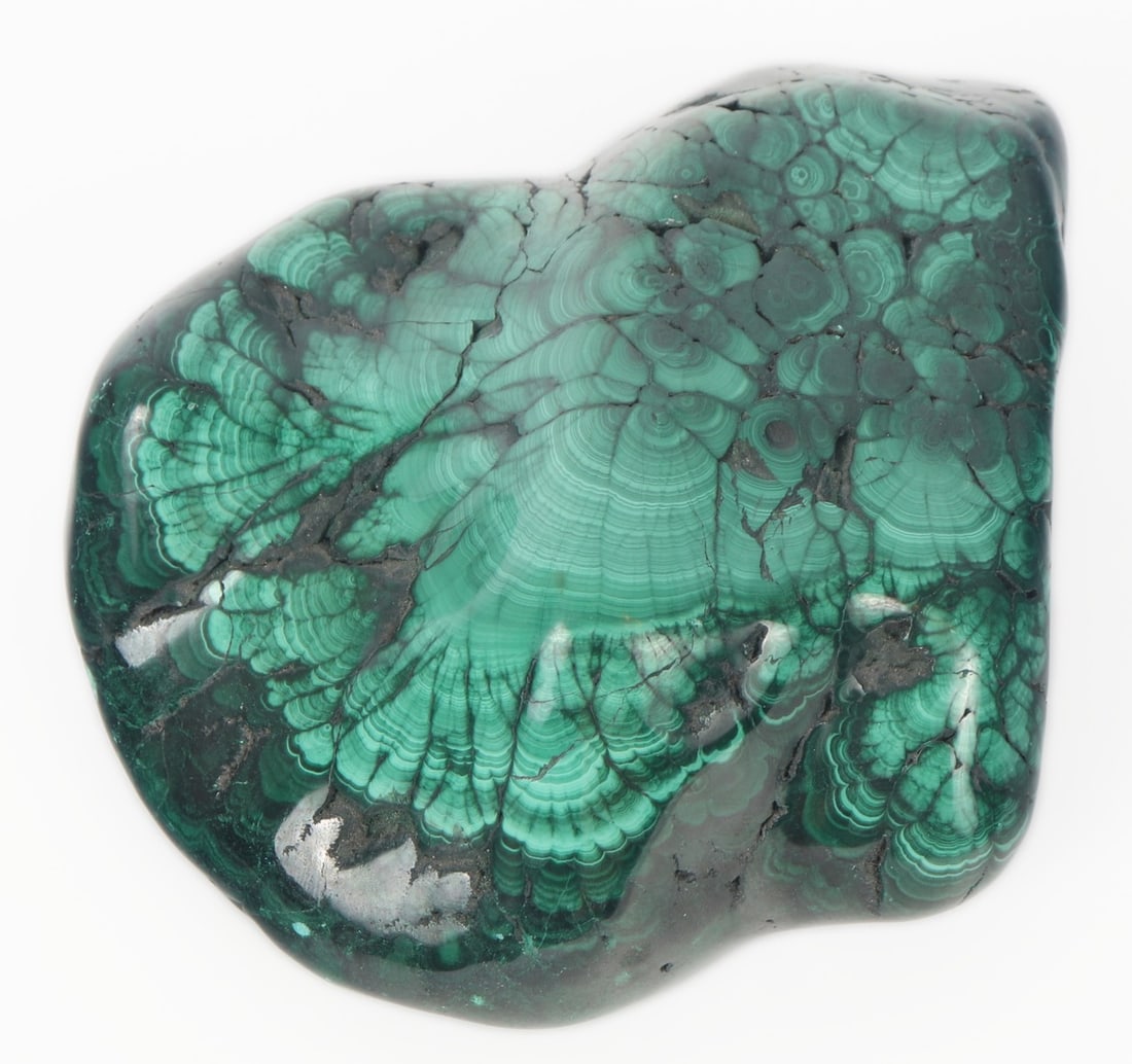 Beautiful Heavy Malachite Freeform Mineral Section: Gorgeous all natural malachite freeform section with deep dark green and light green accenting in classic form. Naturally flatter base allows for ease of display. Bottom of the specimen has beautiful
