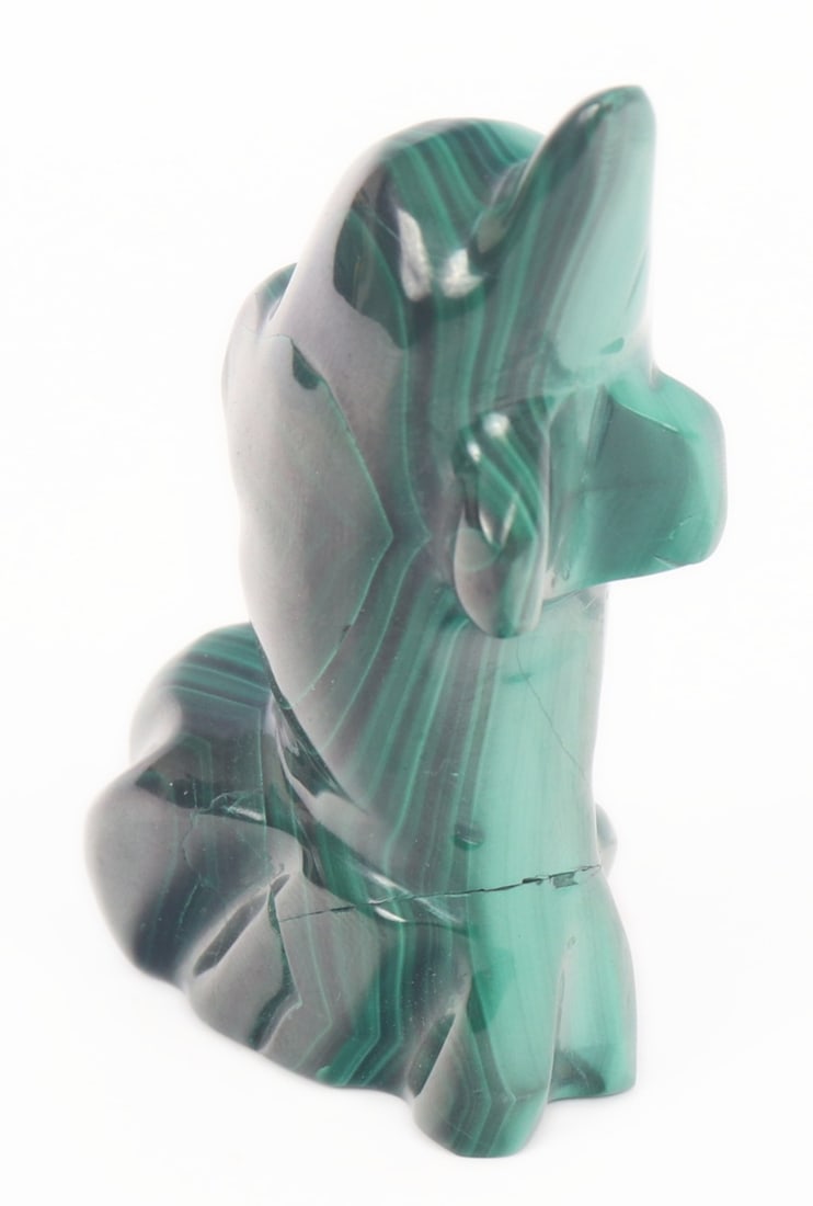 Miniature Malachite Dolphin Figurine, 87 grams: Adorable miniature malachite carved dolphin. Wonderful dark green against lime green stripes throughout. Wonderful shape throughout with a long pointed snout, he is depicted shooting out of the water