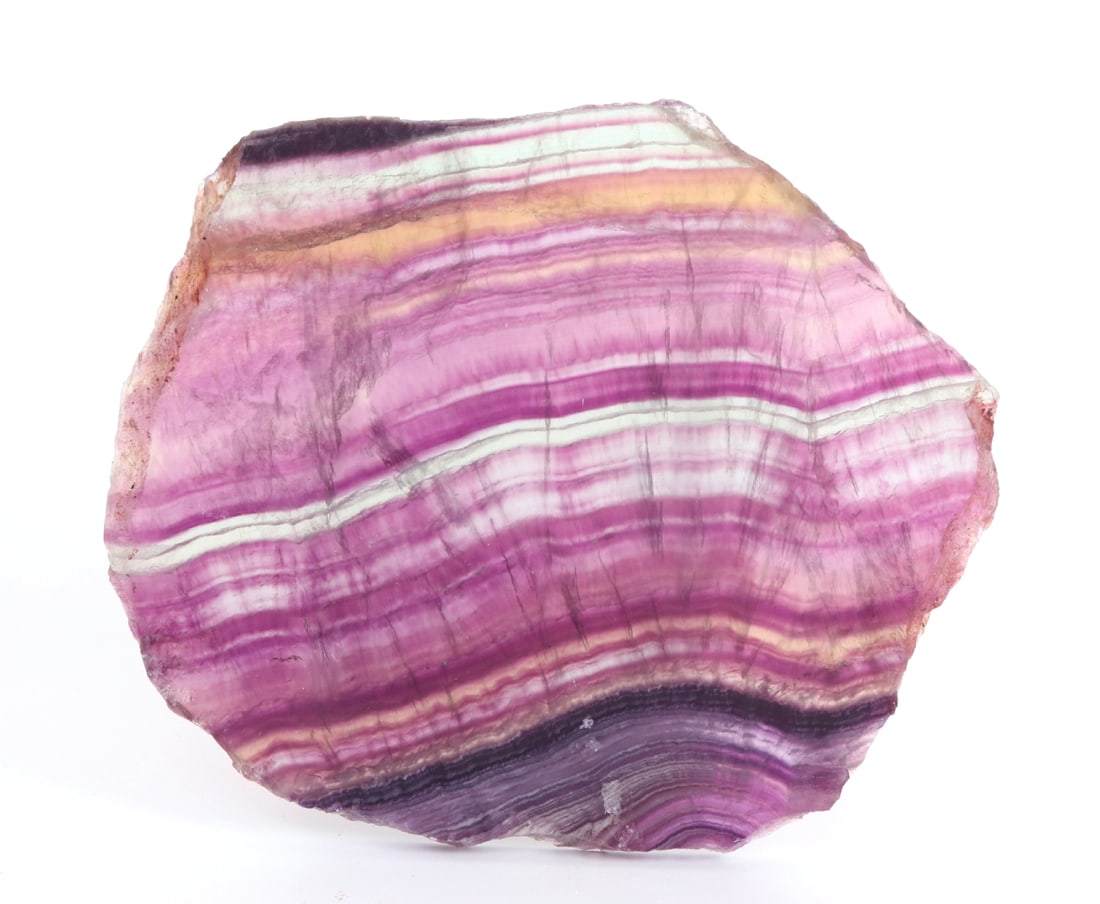 Beautiful All Natural Rainbow Fluorite Slab: Gorgeous all natural rainbow fluorite slab with an incredible array of deep purples leading to a bright yellow ribbon creating a wonderful all natural rainbow. When displayed in natural light the