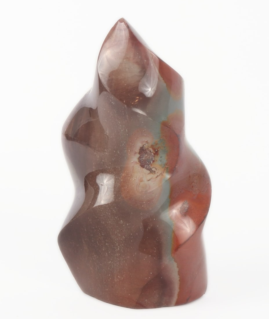 Beautiful Polychrome Jasper Flame Carving: Gorgeous piece of polychrome jasper carving also known as desert jasper. Known particularly for their appearance with earthy red, tan, cream and gray coloring. This particular example includes a