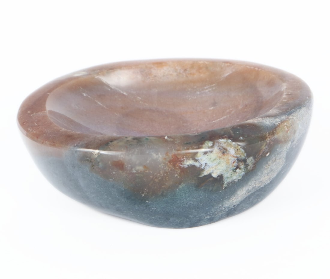 Gorgeous Crystal Agate Carved Trinket Bowl: Lovely all natural crystal agate carved trinket bowl. Warm brown and light blue grey natural earthen tones throughout. Polished smooth with a fine hollowed out bowl for rings, bracelets, or trinkets