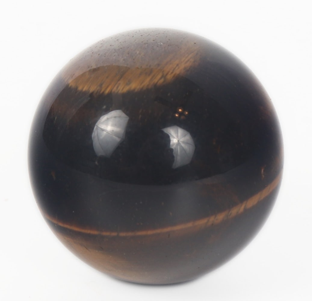 Lovely Palm Sized Tiger's Eye Sphere, 80g: Beautiful natural section of tiger's eye mineral specimen carved into a perfectly polished sphere. Gorgeous bright gold, caramel and brown banding throughout. Size 1" H (2.5cm H)