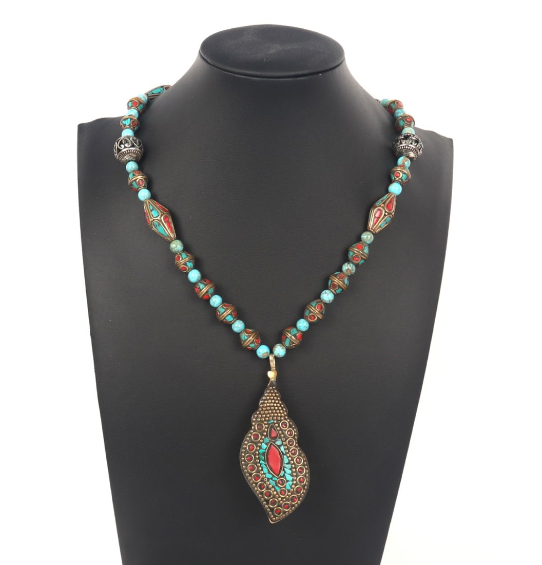 Vintage Tibetan, Turquoise & Millefiori Glass Beaded Necklace (1 of 6)