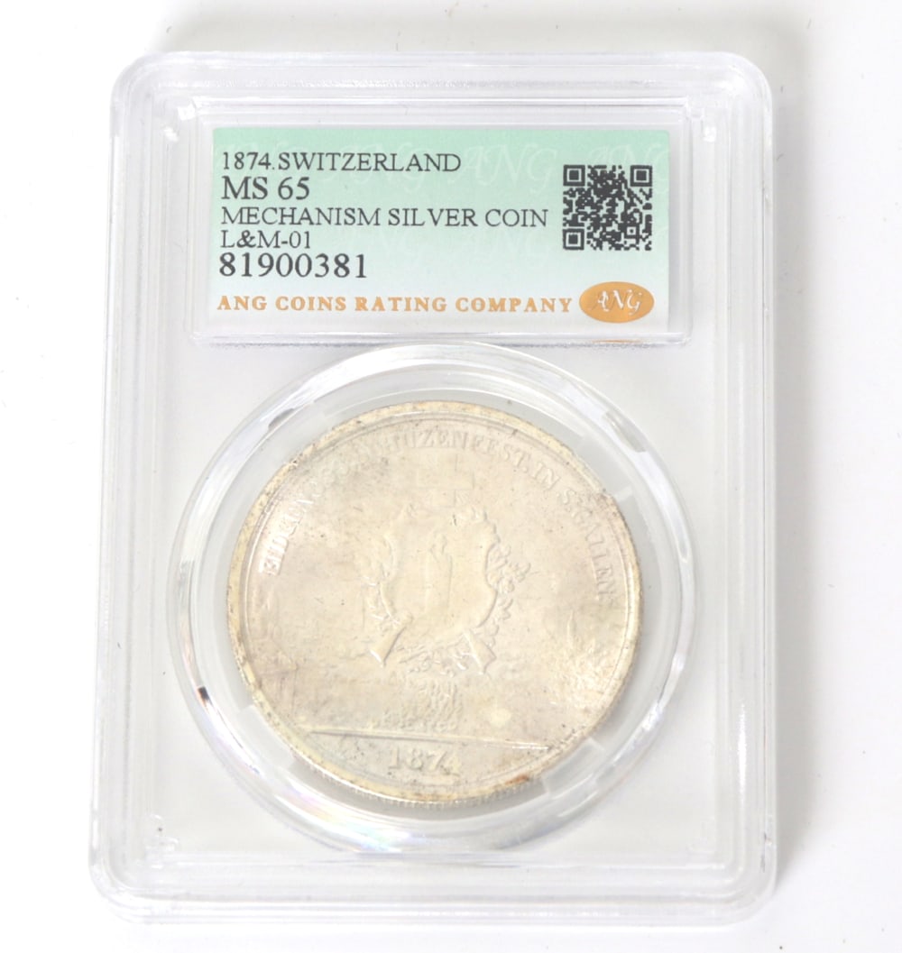 Swiss Commemorative Style Coin, 1874: Cased 1874 Swiss style coin with a warrior in full suit armor with a sword in hand to one side. Case 3" H x 2 1/4" W