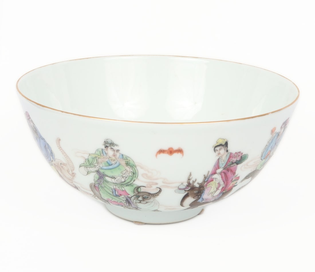 Fine Chinese Porcelain Bowl, Immortals: Fine Chinese porcelain bowl with the eight Immortals depicted on the exterior of the bowl. Each Immortal rides their magnificent chosen beast, including a turtle, dragon, elephant and more. Red seal