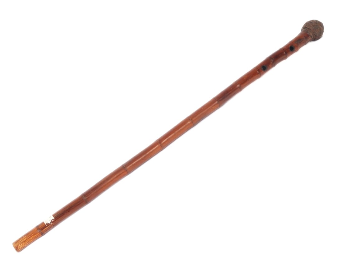 Bamboo Style Vintage Walking Stick: Maple colored wood walking stick with bamboo formed shaft and unique pinecone style grip. Drilled near the top for a rope for carrying. Size 32 1/2" L