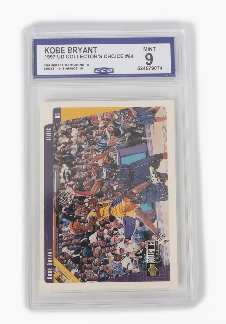 Kobe Bryant 1997 Collector's Choice Card: CCG graded and cased Kobe Bryant, #64 Laker's collectable card. 1997 Upper Deck Collector's Choice with a Mint 9 rating. Size 3.1" W x 5 1/4" H (7.9cm W x 13.3cm H)