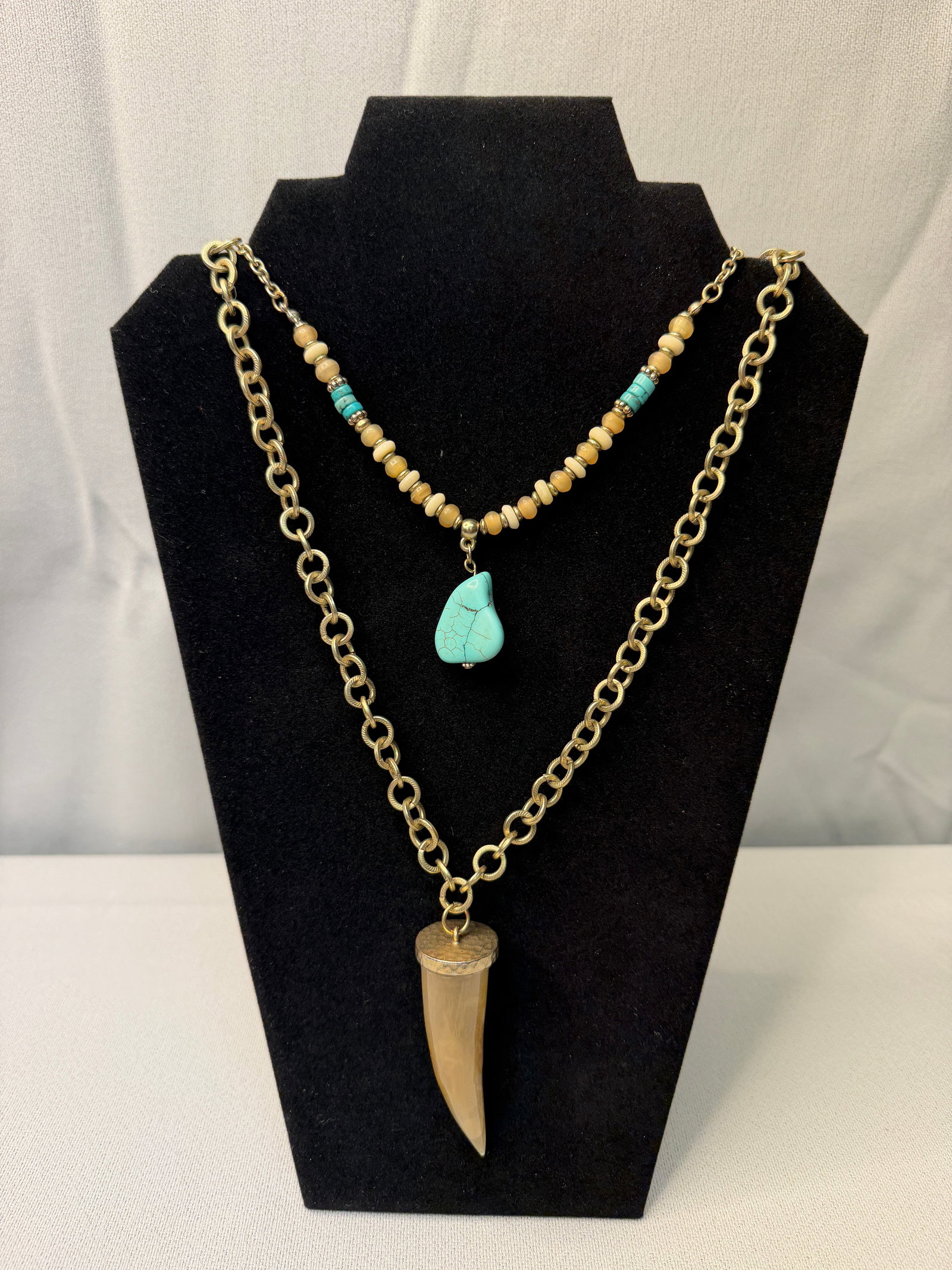 Layered Bohemian Necklace featuring a Turquoise Pendant and a Gold-Toned Tusk Charm (1 of 18)