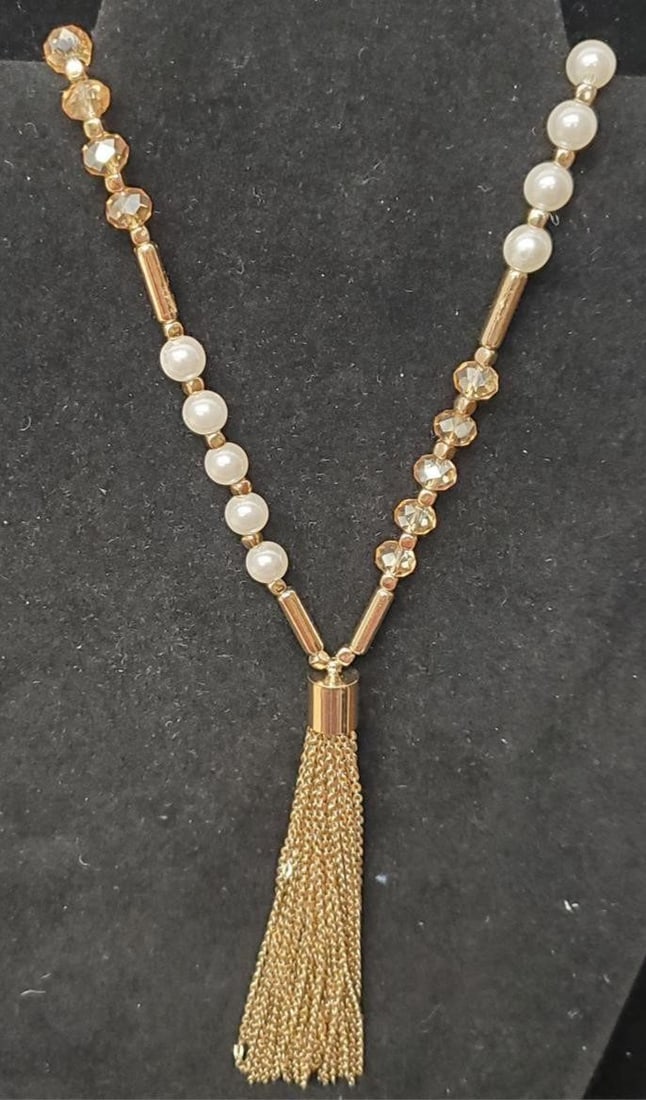 Vintage Gold Fashion Pearl Station Tassel Necklace (1 of 11)