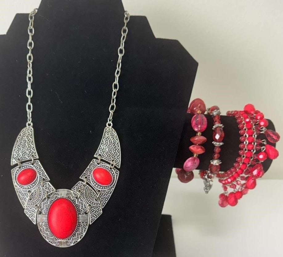 Paparazi "Leave You Landmark" Red Stone Necklace and Red Beaded Bracelets (1 of 12)