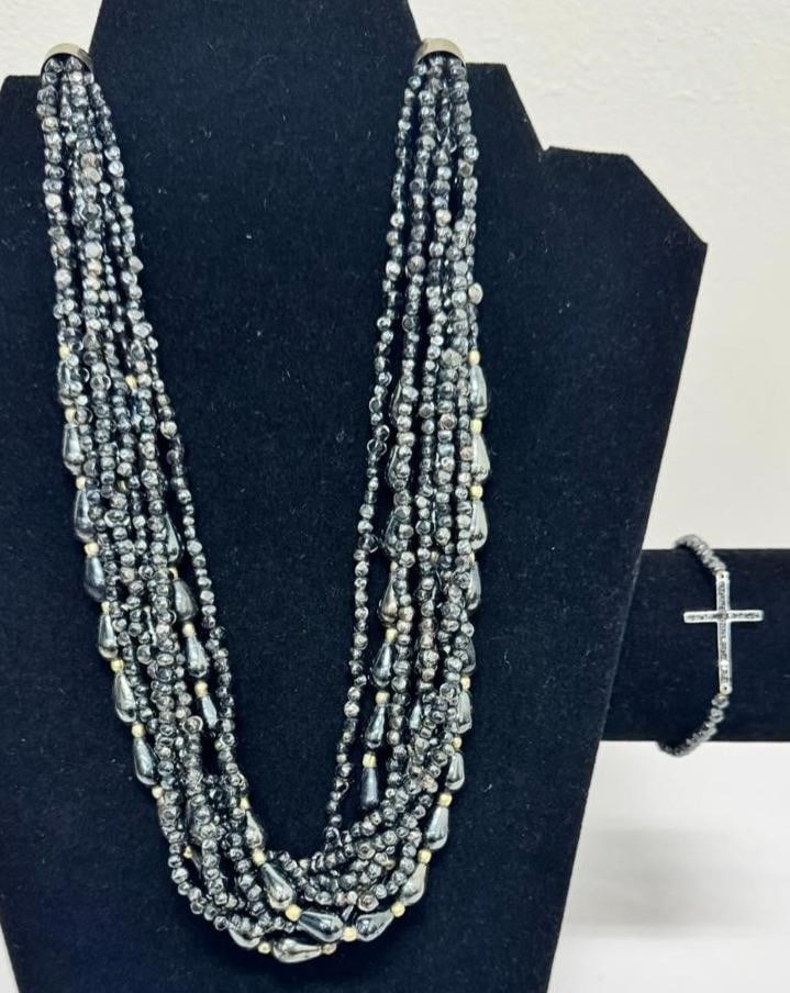 Black Multi-Strand Beaded Necklace & Cross Bracelet (1 of 9)