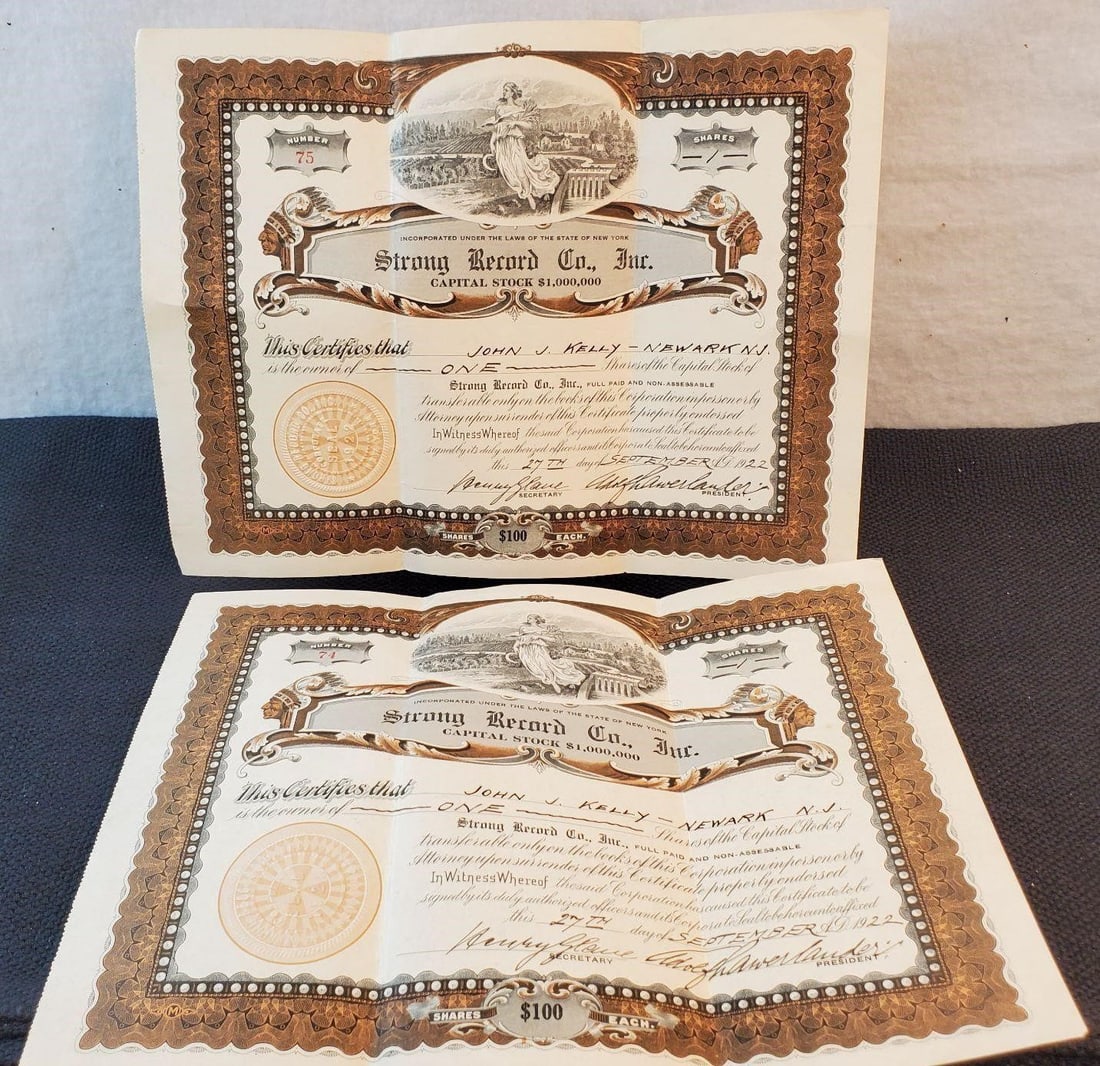 Pair- Strong Record Capital Stock Certificate 1922 (1 of 14)