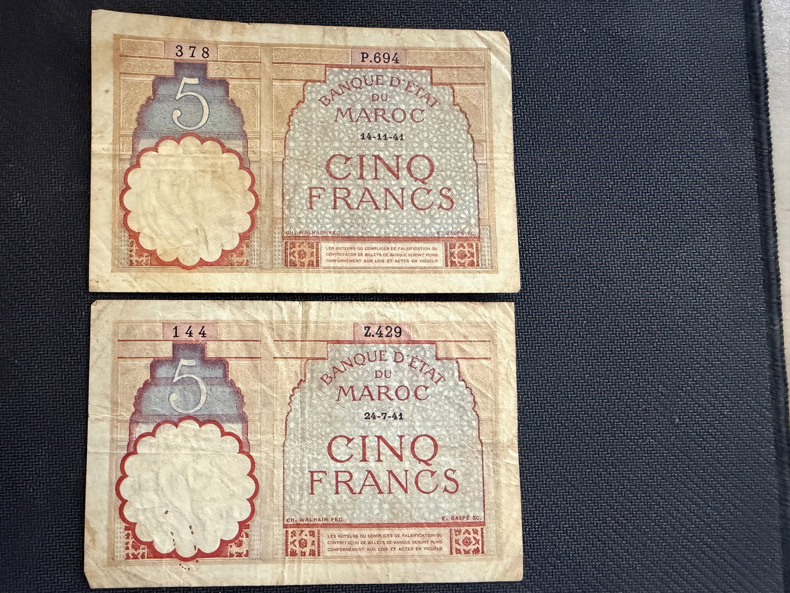 Pair of Morocco 5 Francs Banknotes - 1941 - Rare (1 of 6)