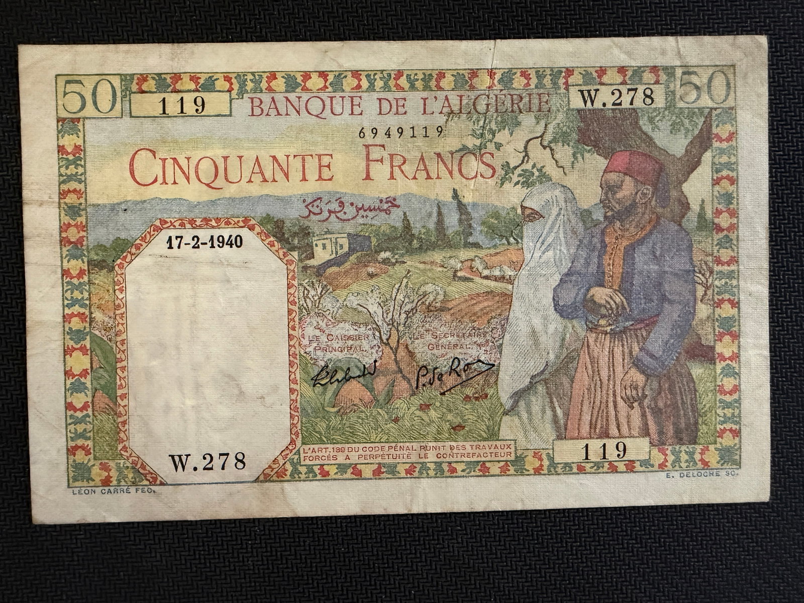 50 Franc Banknote Banque de l'Algérie - 1940 - Rare (1 of 2)