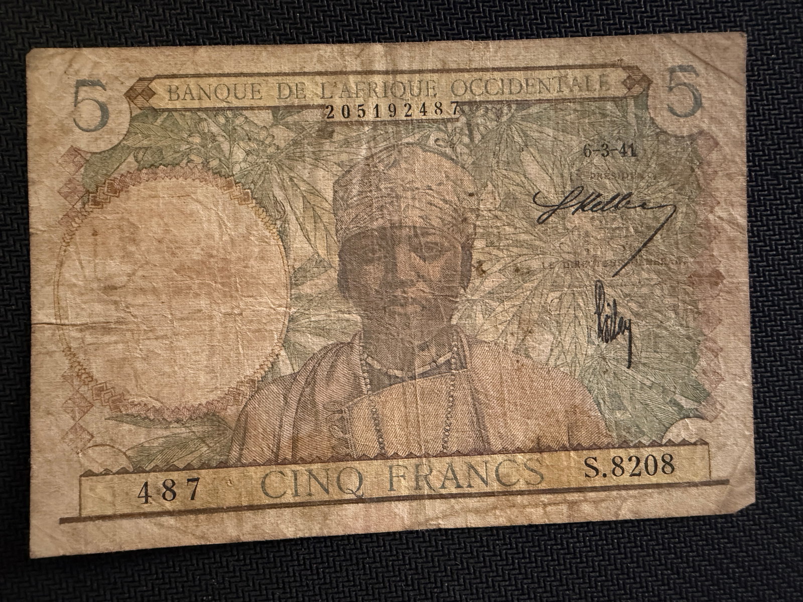 5 Francs Banknote - Banque de l'Afrique Occidentale - 1941 - Rare (1 of 2)