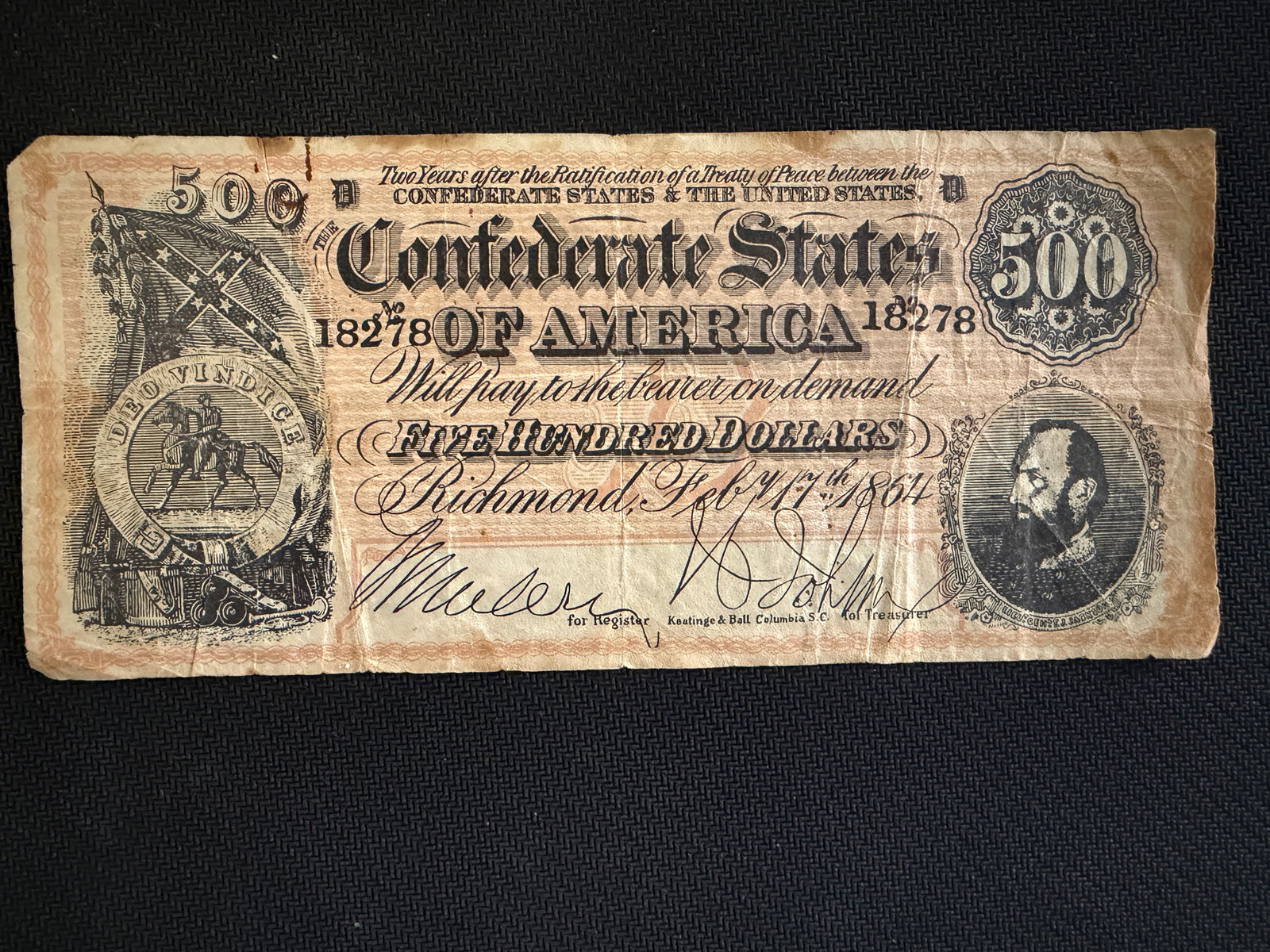 $500 Confederate States of America note from 1864 - Rare (1 of 2)