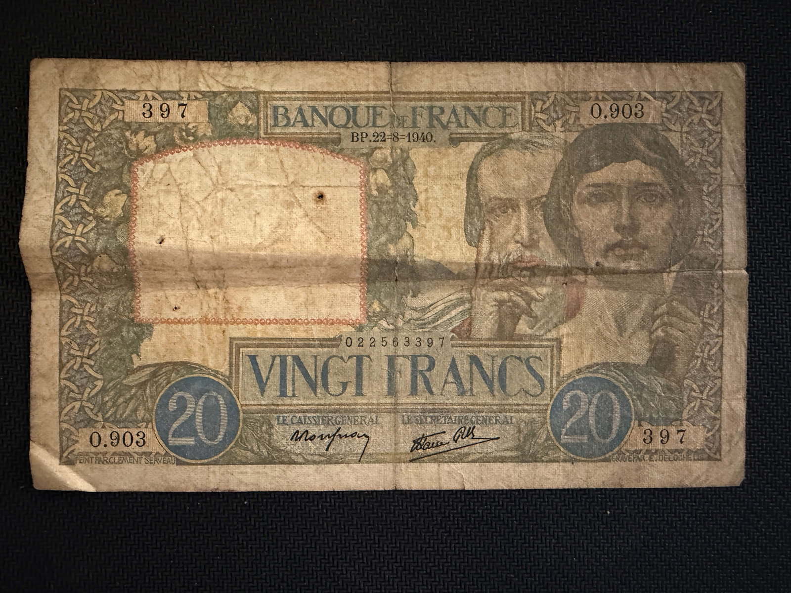 20 French Franc Banknote - Science & Labor - 40's - Rare (1 of 2)