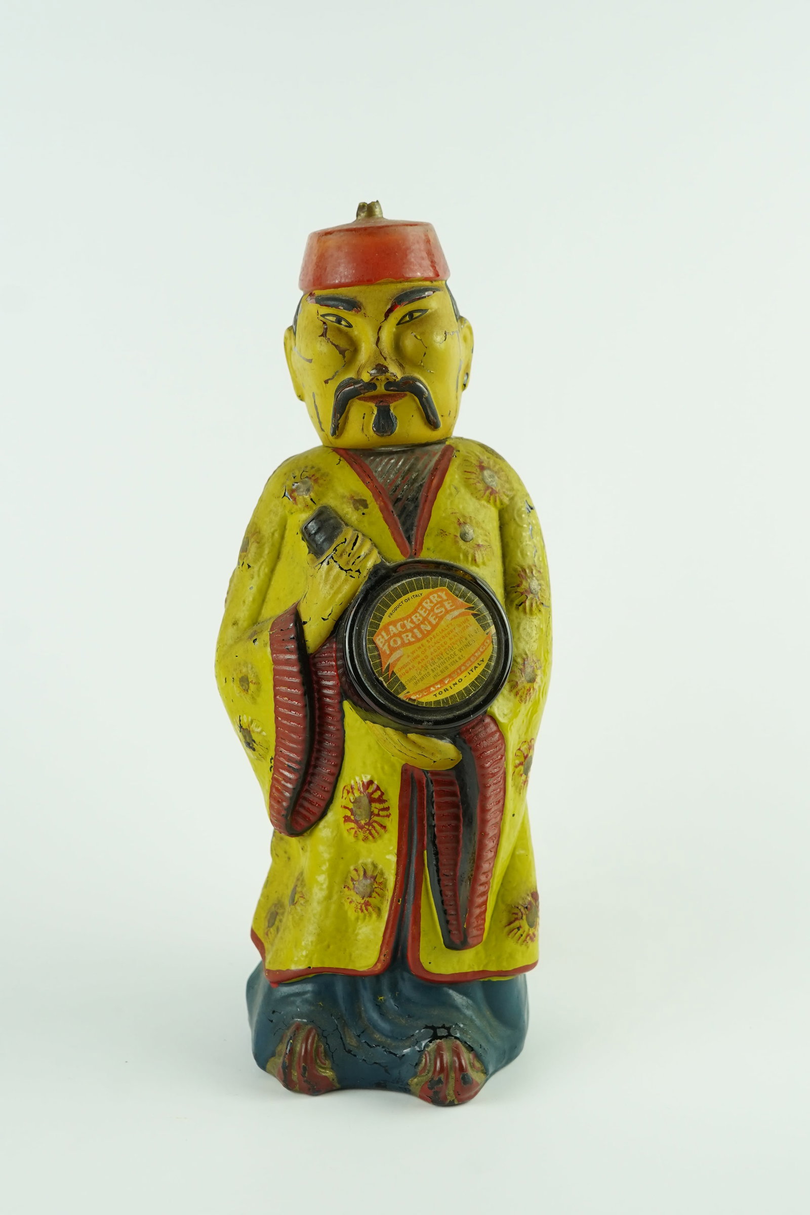 Vintage Viarengo Torino Liquor Decanter: Colorful Depiction of an antique asian male figure. Item was produced in the 1950's In Viarengo, Italy.May have some imperfections please view pictures for confirmation of condition