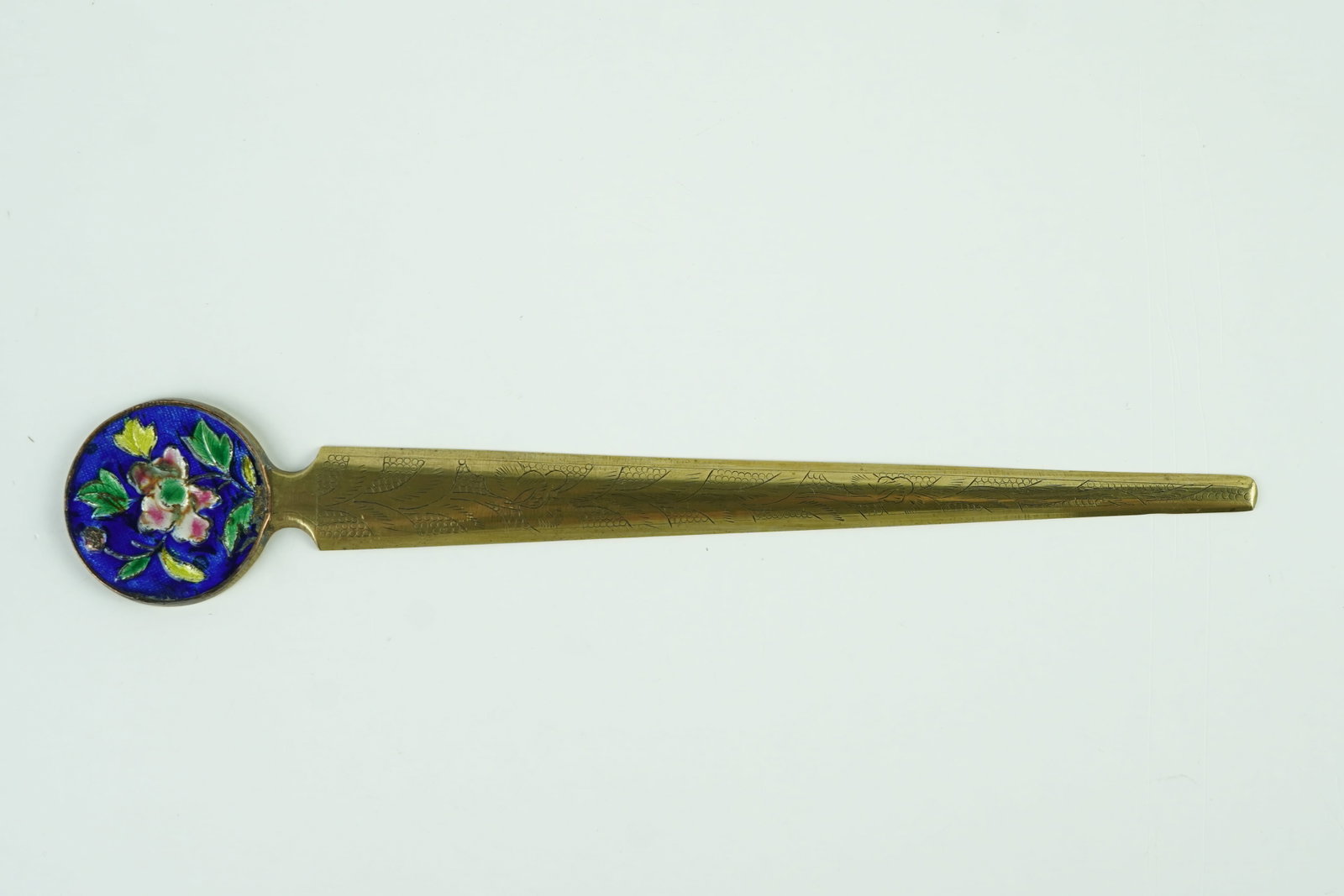 Cloisonne Brass Letter Opener: This is a vintage piece that was most likely produced in the 1950's-1960's. It isn't a true original item but instead an export of china.Still has a beautiful bright hue to the enamel and overall is