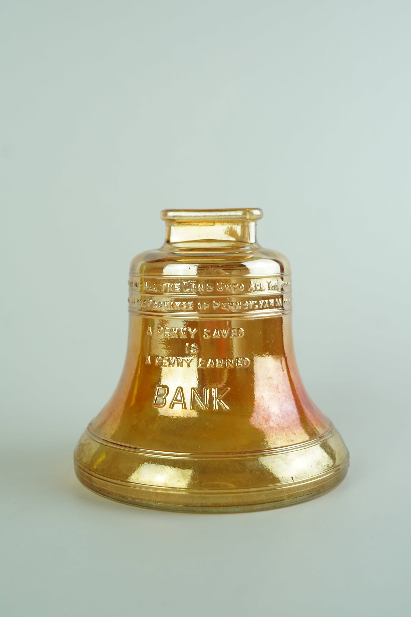 Anchor Hocking Carnival Glass Iridescent Liberty Bell Coin Bank (1 of 7)
